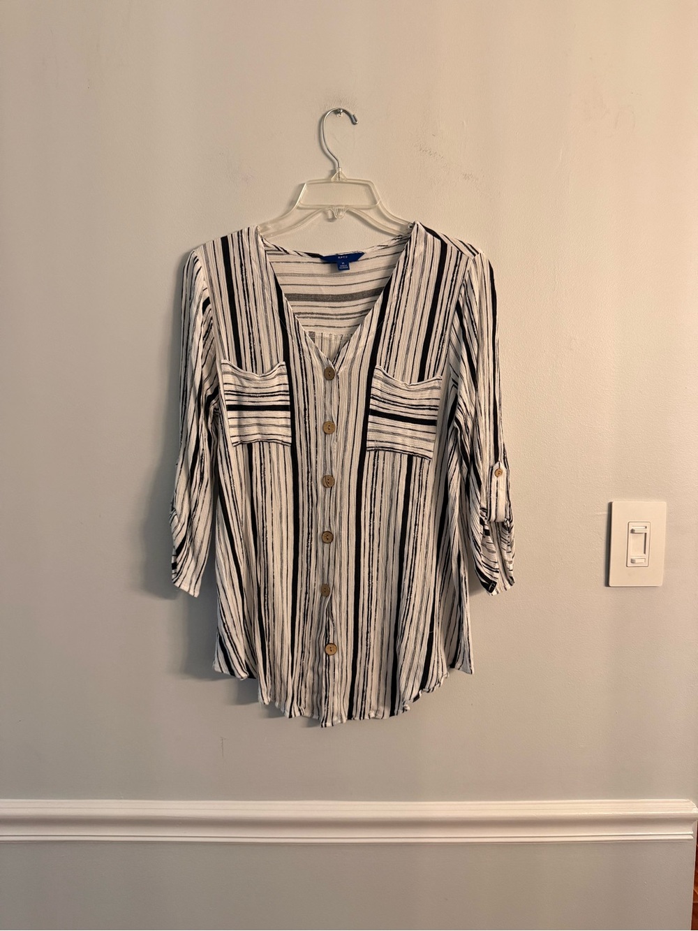 Apt. 9 Black & White Striped Button-Down V-Neck Blouse